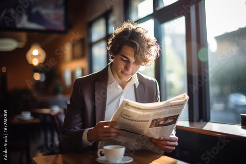 A handsome young man reading a newspaper while enjoying a cup of coffee at a cafe - cropped photo
