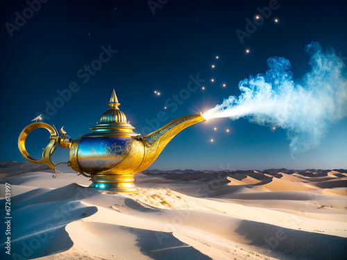 A mystical golden lamp emits a radiant blue magical smoke amidst the sand dunes under a starry sky