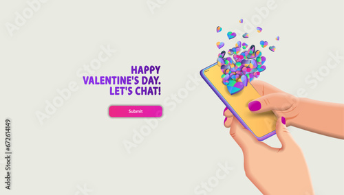 a lot of small colored hearts fly out of the mobile phone screen in women's hands