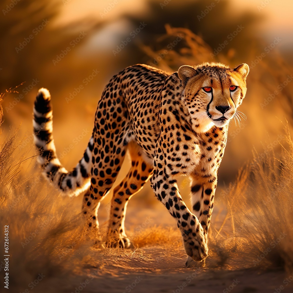 AI generated illustration of an African cheetah walking through the tall, dry grass of the savannah