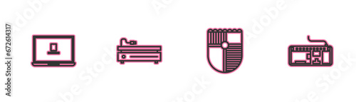 Set line Laptop, Shield for game, Video console and Computer keyboard icon. Vector