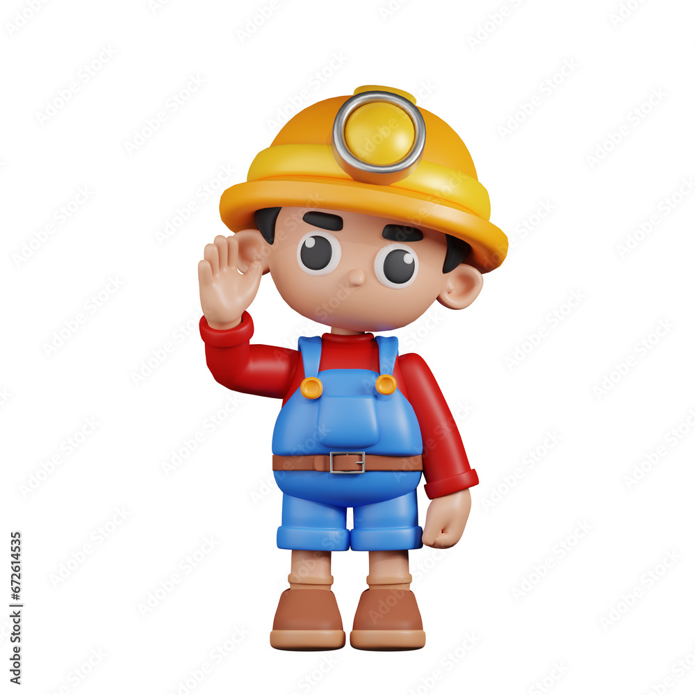 3d Character Miner Greeting Pose. 3d render isolated on transparent backdrop.