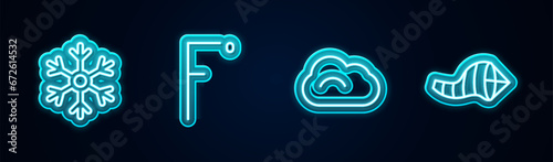 Set line Snowflake, Fahrenheit, Cloud and Cone meteorology windsock wind vane. Glowing neon icon. Vector