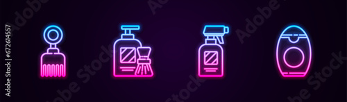 Set line Hairbrush, Shaving gel foam and, Hairdresser pistol spray bottle and Bottle of shampoo. Glowing neon icon. Vector