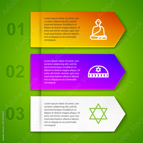 Set line Buddhist monk, Jewish kippah with star of david, Star David and Tombstone cross. Business infographic template. Vector