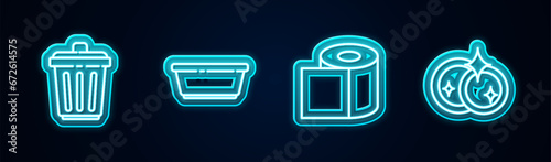 Set line Trash can, Plastic basin, Toilet paper roll and Washing dishes. Glowing neon icon. Vector
