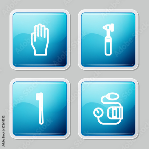 Set line Medical rubber gloves, otoscope tool, Toothbrush and Blood pressure icon. Vector