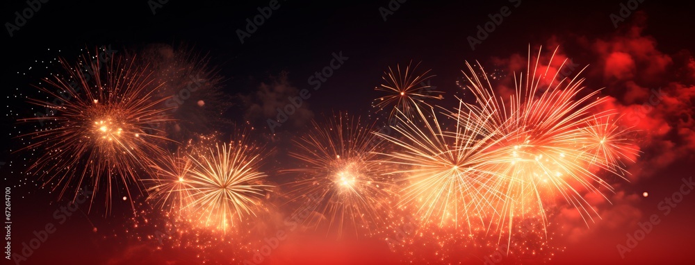 Naklejka premium New year's eve colorful fireworsk over a black background. New Year celebration, Abstract holiday background , banner wallpaper, copy space for text