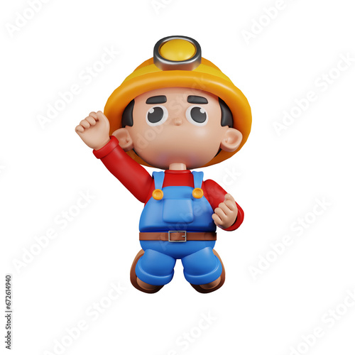 3d Character Miner Jumping In The Air Pose. 3d render isolated on transparent backdrop.