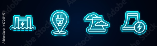 Set line Hydroelectric dam, Electric plug, Nuclear power plant and . Glowing neon icon. Vector
