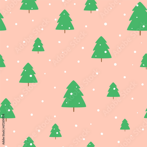 Pink Christmas tree seamless pattern. Snowy winter holiday repeat background. Vector New Year print, wrap paper, package design. © Tani Kuzminka