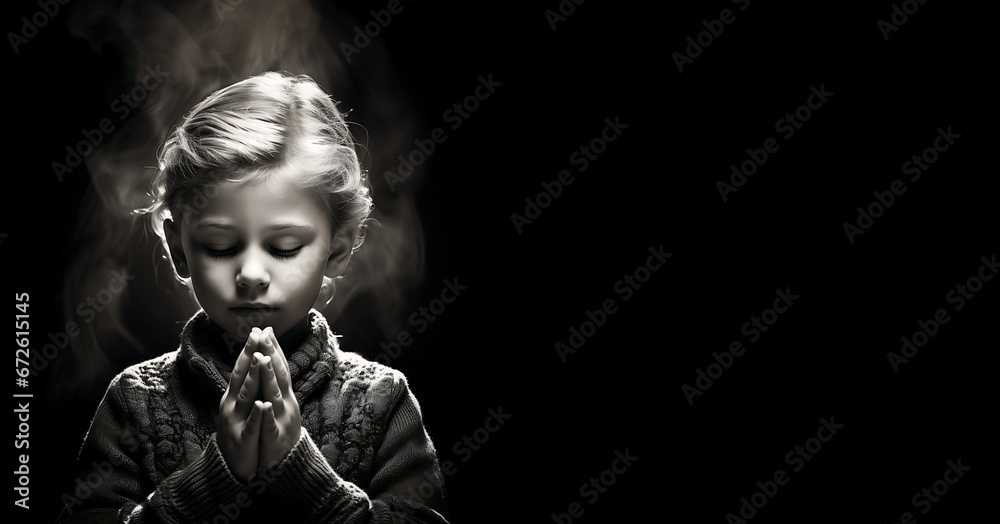 Retratos de niños rezando sobre fondo negro - obrazy, fototapety, plakaty 