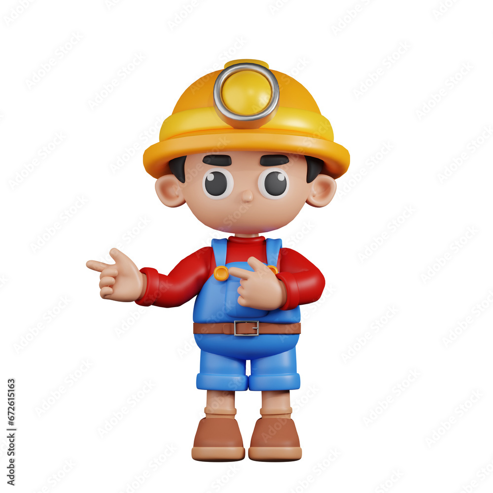 3d Character Miner Pointing Fingers In Direction Pose. 3d render isolated on transparent backdrop. 3d Character Miner Pointing Fingers In Direction Pose. 3d render isolated on transparent backdrop.