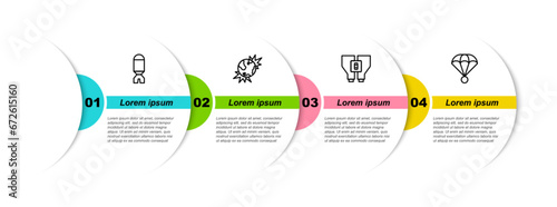 Set line Rocket launcher, Bomb explosive planet earth, Binoculars and Parachute. Business infographic template. Vector