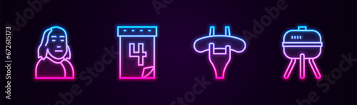 Set line Benjamin Franklin, Calendar with date July 4, Sausage on the fork and Barbecue grill. Glowing neon icon. Vector