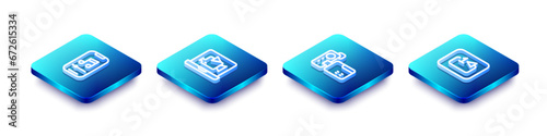 Set Isometric line Music player, Online video, Cinema camera and Repeat track music icon. Vector