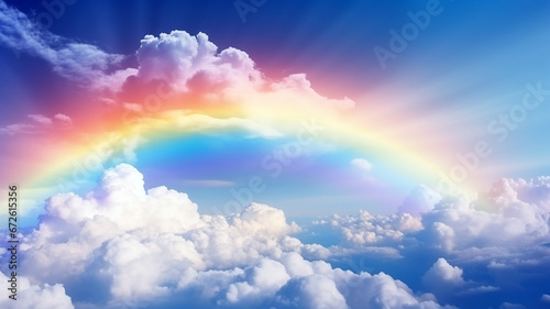 Rainbow in the sky among the clouds. A fabulous fantasy image of a colorful rainbow bridge in bright sunlight shining in the cloudscape. Created by Generative AI