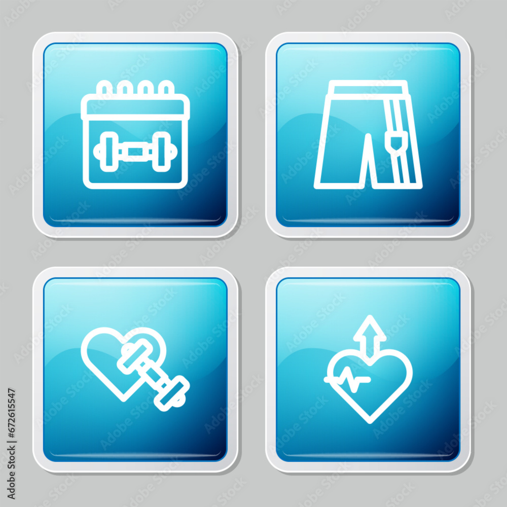 Set line Calendar fitness, Short or pants, Dumbbell with heart and Heartbeat increase icon. Vector Set line Calendar fitness, Short or pants, Dumbbell with heart and Heartbeat increase icon. Vector