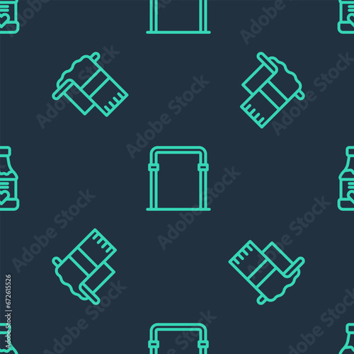 Set line Sport horizontal bar, Towel hanger and Vitamins on seamless pattern. Vector