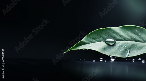 a close-up of a green leaf with a water droplet on it, showcasing the beauty of nature and the freshness of the plant. photo