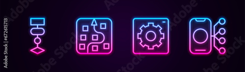 Set line Algorithm, Neural network, Computer api interface and . Glowing neon icon. Vector