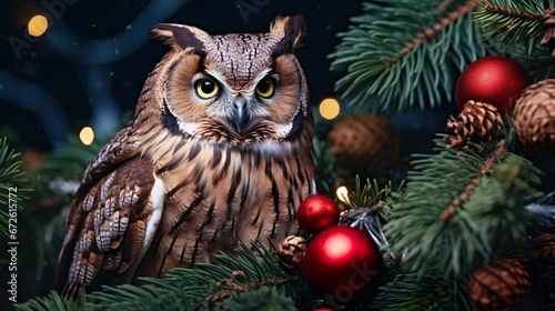 AI generated illustration of a majestic barn owl on a branch decorated with festive ornaments