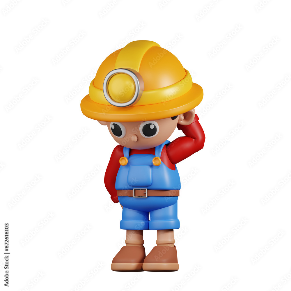 3d Character Miner Worry Pose. 3d render isolated on transparent backdrop. 3d Character Miner Worry Pose. 3d render isolated on transparent backdrop.