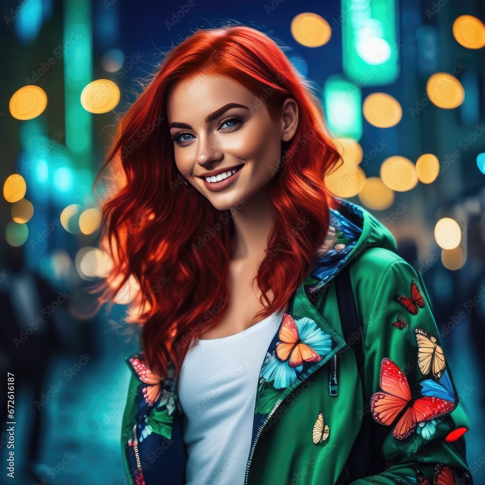 Naklejka premium Girl and butterflies. The girl is a redhead in the metropolis. A girl with headphones listening to music, laughing surrounded by butterflies. The girl is in love, Butterflies in her stomach. Girl fall
