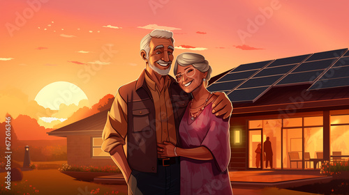 Smiling elderly couple standing in front of their luxurious villa in the evening