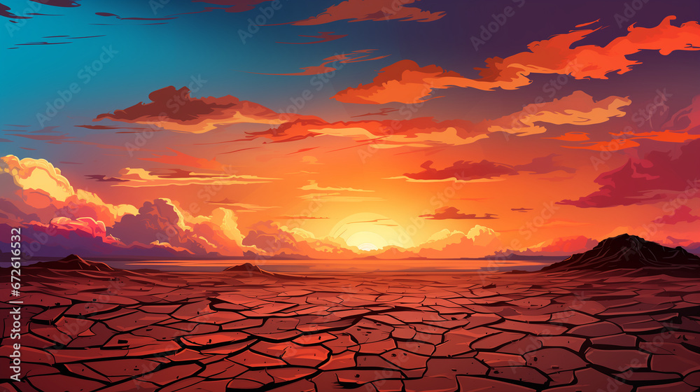 Illustration of a sunset over a cracked desert somewhere on Earth, due to the lack of water and rising air temperatures caused by global warming - obrazy, fototapety, plakaty 