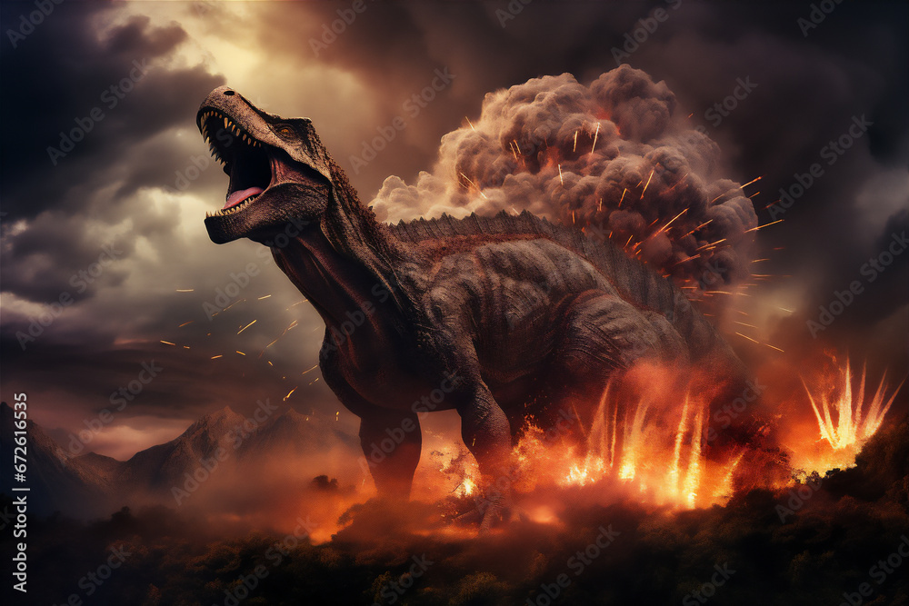 Illustration of the era of dinosaurs becoming extinct, ancient forest, meteors falling on the earth, dinosaurs running around, dramatic light and shadows, hyper realistic nature photo