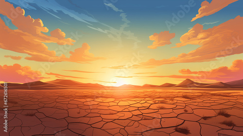 Illustration of a sunset over a cracked desert somewhere on Earth, due to the lack of water and rising air temperatures caused by global warming