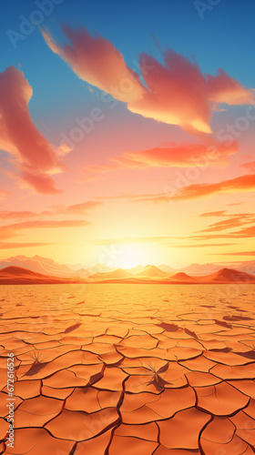 Illustration of a sunset over a cracked desert somewhere on Earth, due to the lack of water and rising air temperatures caused by global warming