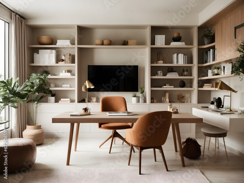 A stylish, minimalistic home office with a wall of built-in shelving, a modern desk, and abundant natural light. © xKas