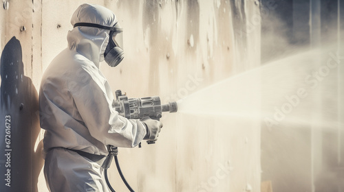 Worker painting wall with spray gun in white color