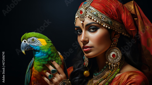 Woman of India and Her Parrot. Generated Image. A digital rendering of a beautiful woman of India in traditional dress and her parrot.