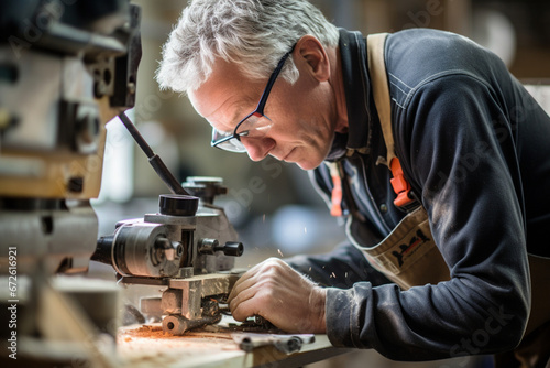 A senior man in his 60s wearing safety goggles, working in a shutter factory, He is using customized machinery for drilling joints into wood, The focus is on his face concentrating on his work photo