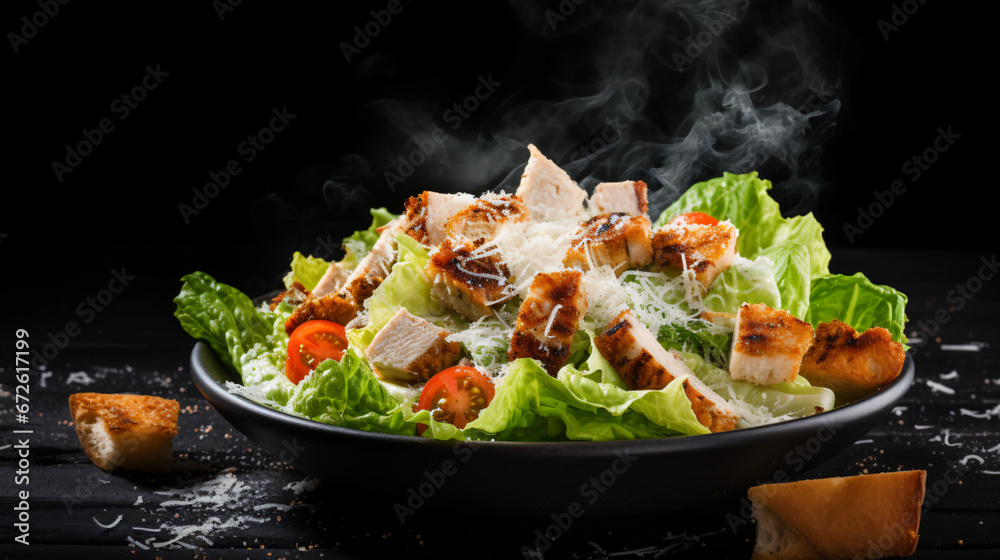 Yummy Caesar salad with grilled chicken and croutons - obrazy, fototapety, plakaty 