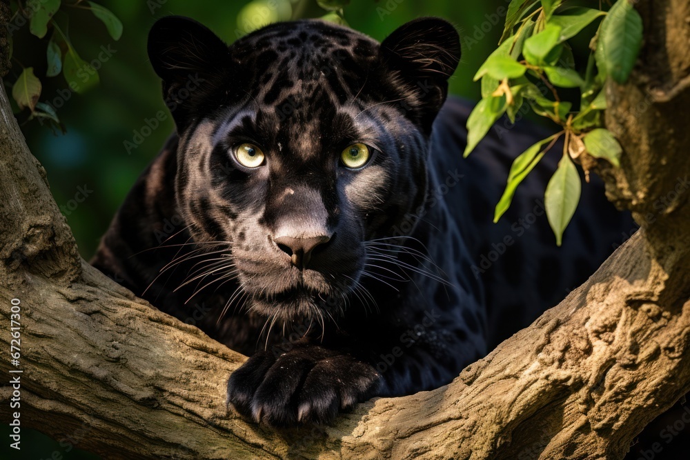 Black panther sitting on the jungle tree