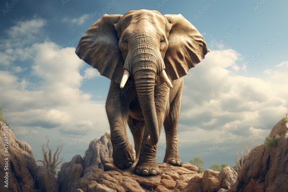 Fototapeta premium A big elephant walks on a rocky mountain.