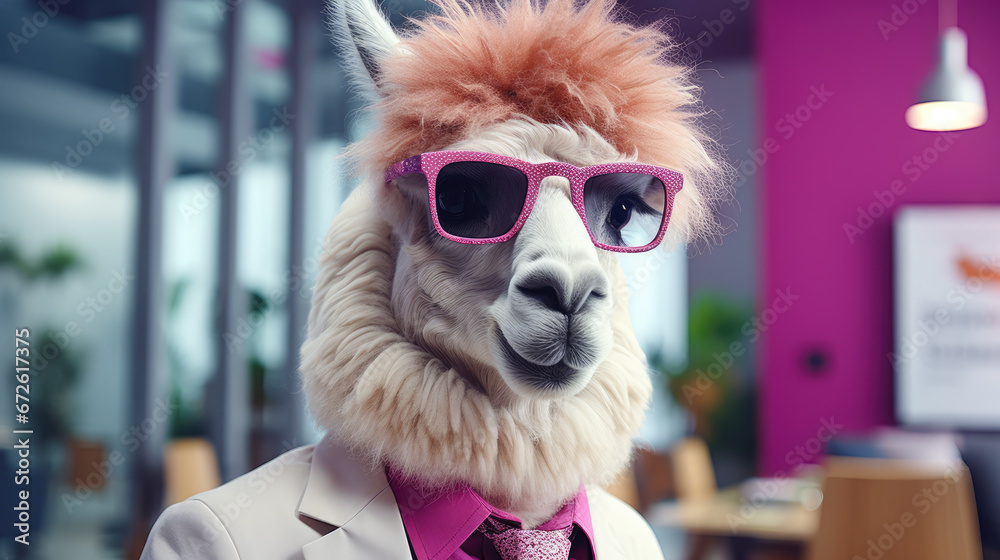 Portrait of a funny llama alpaca wearing pink glasses in business clothes in the office.