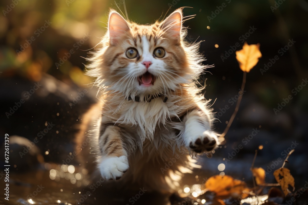 Funny happy cute cat running in the gardens