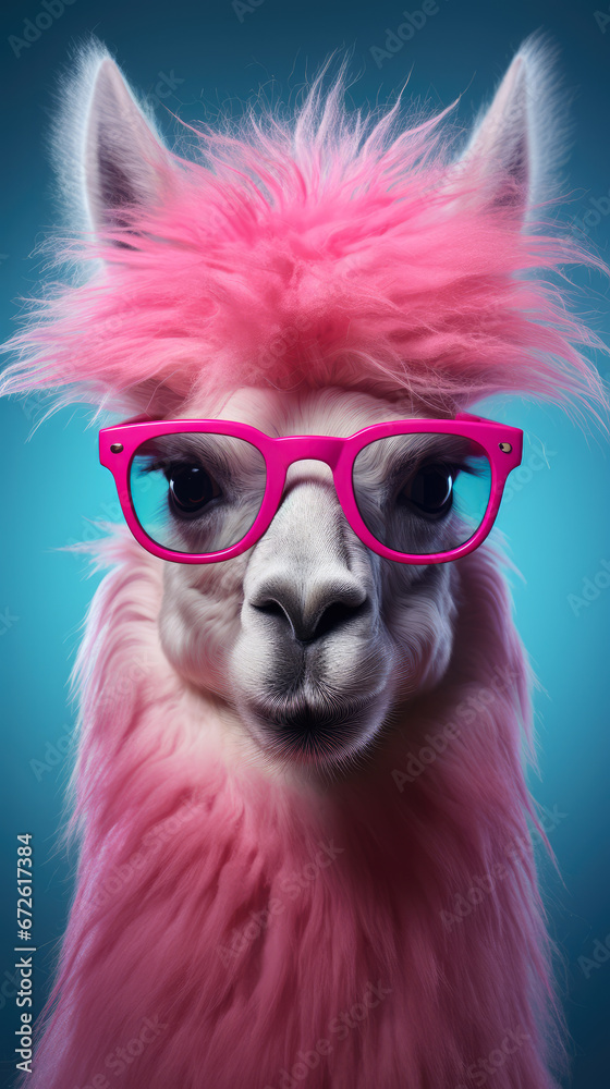 Portrait of a funny llama alpaca wearing pink glasses
