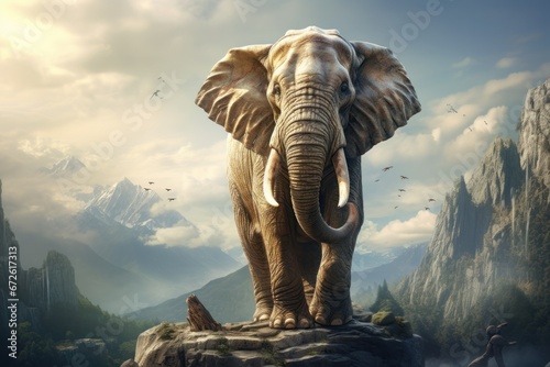 A big elephant walks on a rocky mountain.