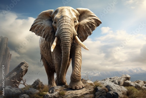 A big elephant walks on a rocky mountain. © Attasit