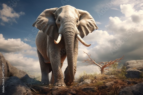 A big elephant walks on a rocky mountain. photo