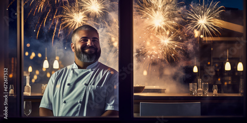 Chef in restaurant whites watching fireworks by window.