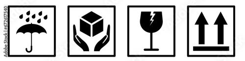 Fragile cargo icons, fragile package warning signs umbrella, box in hands, glass, side up box, logistics delivery shipping on isolated background. Vector EPS 10