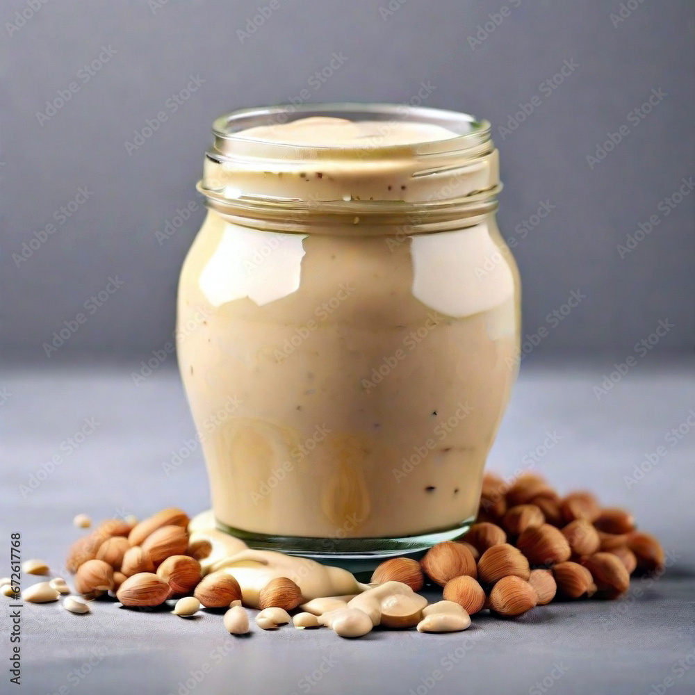 Jar of tasty tahini on light background. Created using generative AI tools Jar of tasty tahini on light background. Created using generative AI tools