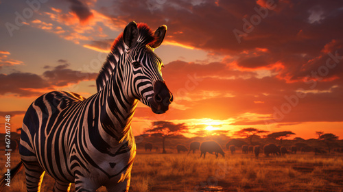Zebra in the Serengeti National Park  Africa at sunset